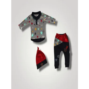 6-9 12-18 18-24 Ay Samanyolu Yıldızlar Baskılı Uzun Kollu Sweat Şapkalı 3lü Kız Erkek Bebek Takımı
