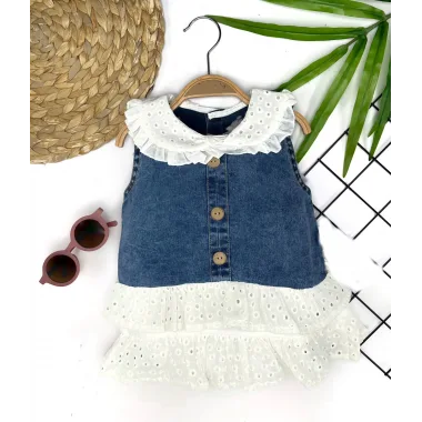 6-9-12-18 Ay Güpür Yaka Ve Etek Detaylı Kot Kilotlu Etek Kız Bebek Elbisesi