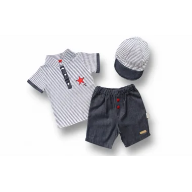 6-9 9-12 12-18 Ay Vip Yaka Şapkalı Kısa Kollu Sweat 3lü Erkek Bebek Takımı