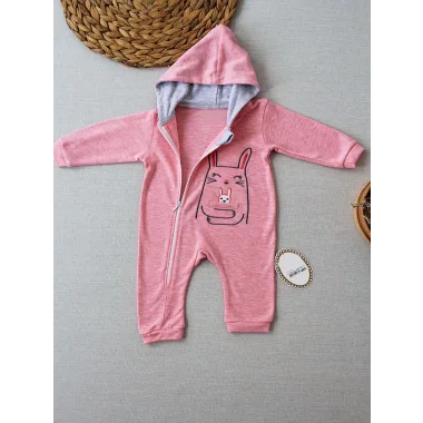 6-9 9-12 Ay Ef Çizgi Boy Fermuarlı Tavşan Nakışlı Kapşonlu Kız Erkek Bebek Tulumu