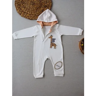 6-9 9-12 Ay Ef Çizgi Boy Fermuarlı Zürafa Nakışlı Kapşonlu Kız Erkek Bebek Tulumu