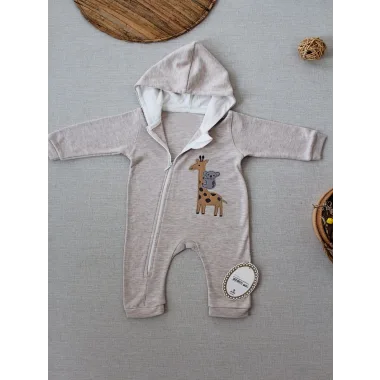 6-9 9-12 Ay Ef Çizgi Boy Fermuarlı Zürafa Nakışlı Kapşonlu Kız Erkek Bebek Tulumu