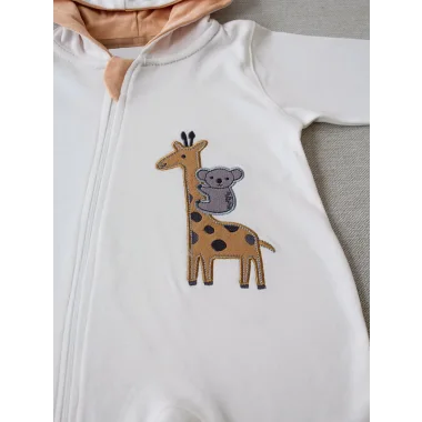 6-9 9-12 Ay Ef Çizgi Boy Fermuarlı Zürafa Nakışlı Kapşonlu Kız Erkek Bebek Tulumu