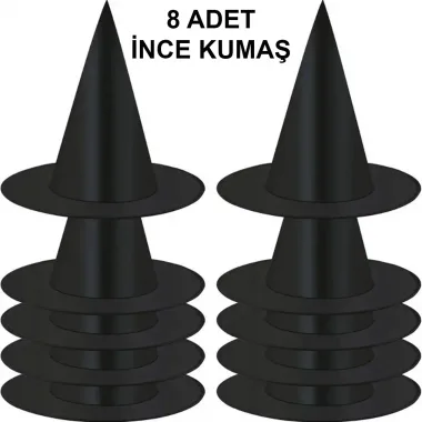 8 Adet Siyah Cadı Şapkası – Yetişkin Çocuk Kostüm Aksesuarı