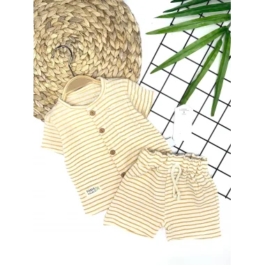 9-12-18-24 Ay Düğme Detaylı Çizgili Müslin Kumaş Yazlık 2li Erkek Bebek Takımı