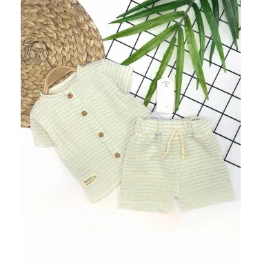9-12-18-24 Ay Düğme Detaylı Çizgili Müslin Kumaş Yazlık 2li Erkek Bebek Takımı