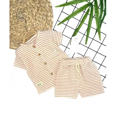 9-12-18-24 Ay Düğme Detaylı Çizgili Müslin Kumaş Yazlık 2li Erkek Bebek Takımı