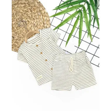 9-12-18-24 Ay Düğme Detaylı Çizgili Müslin Kumaş Yazlık 2li Erkek Bebek Takımı