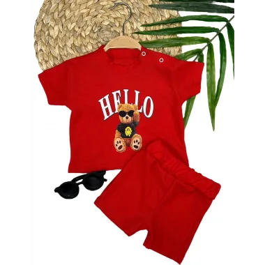 9-12-18-24 Ay Hello Gözlüklü Ayıcık Baskılı Şortlu Kısa Kollu Tişört 2li Erkek Bebek Takımı