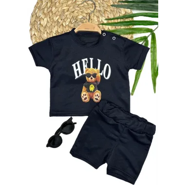 9-12-18-24 Ay Hello Gözlüklü Ayıcık Baskılı Şortlu Kısa Kollu Tişört 2li Erkek Bebek Takımı