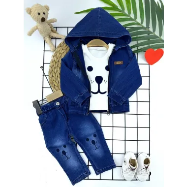 9-12-18-24 Ay Kot Kumaş Kapşonlu Uzun Kol Sweatli Kot Kumaş 3lü Erkek Bebek Takımı