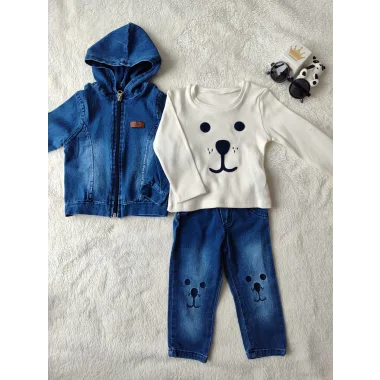 9-12-18-24 Ay Kot Kumaş Kapşonlu Uzun Kol Sweatli Kot Kumaş 3lü Erkek Bebek Takımı