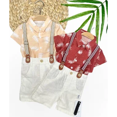 9-12-18-24 Ay Pamuk Keten Kumaş Hawai Gömlek Lastik Askılı 2li Erkek Bebek Takımı