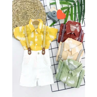 9-12-18-24 Ay Pamuk Keten Kumaş Hawai Gömlek Lastik Askılı 2li Erkek Bebek Takımı