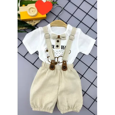 9-12-18-24 Ay Papyon Detaylı Keten Şort Salopet Tişörtlü 2li Erkek Bebek Takımı