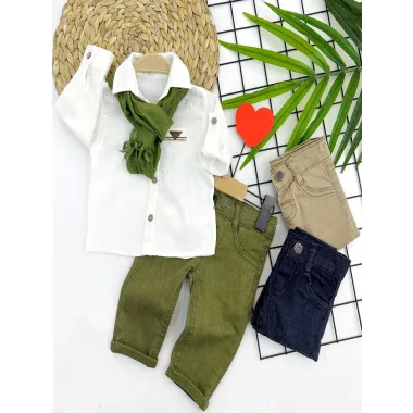 9-12-18-24 Ay Ve 3-4-5 Yaş Fularlı Pamuk Keten Gömlekli Pantolonlu 3lü Erkek Bebek Takımı