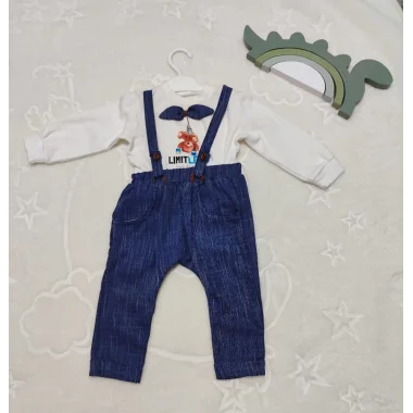 9-12-18 Ay Papyonlu Sweat Kot Pantolon 2li Erkek Bebek Salopet Takımı