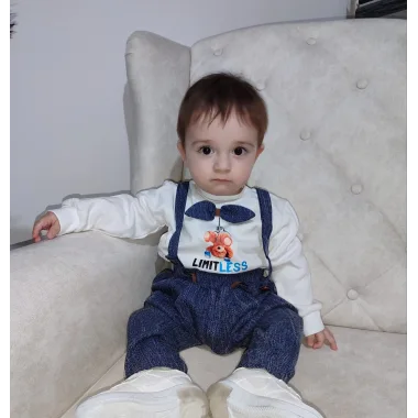 9-12-18 Ay Papyonlu Sweat Kot Pantolon 2li Erkek Bebek Salopet Takımı