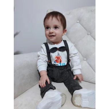 9-12-18 Ay Papyonlu Sweat Kot Pantolon 2li Erkek Bebek Salopet Takımı