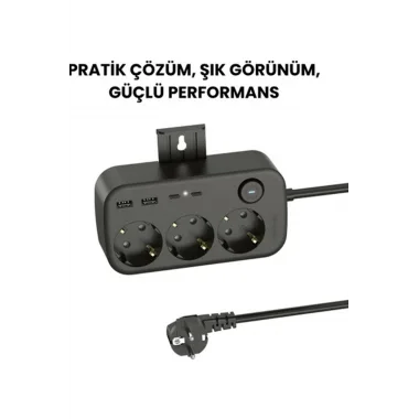 Akım Korumalı Priz 2 Usb + 2 Type-c Girişli 2 Metre Kablosu Anahtarlı Ve Duvara Monte Edilebilir