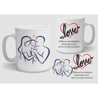 Baskılı Porselen Kupa Bardak Çift Taraflı Baskı 1 Adet Aile Love
