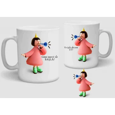 Baskılı Porselen Kupa Bardak Çift Taraflı Baskı 1 Adet Enerji Kız
