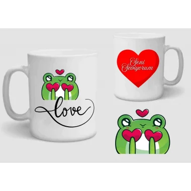 Baskılı Porselen Kupa Bardak Çift Taraflı Baskı 1 Adet Kurbağa