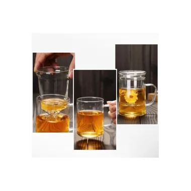 Borosilikat Cam Kupa 350 Ml – Cam Kapaklı, Süzgeçli Demleme Kupa