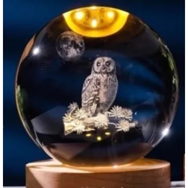 Dekoratif Baykuş Tasarımlı Ahşap Altlıklı Işıklı Cam Küre Büyük Boy 8cm