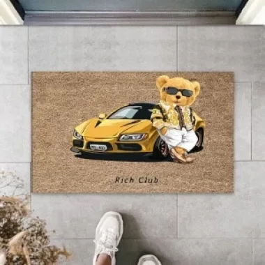 Dekoratif Dijital Arabalı Ayıcık Bej Kapı Paspası Dış Mekan Paspas K-3183