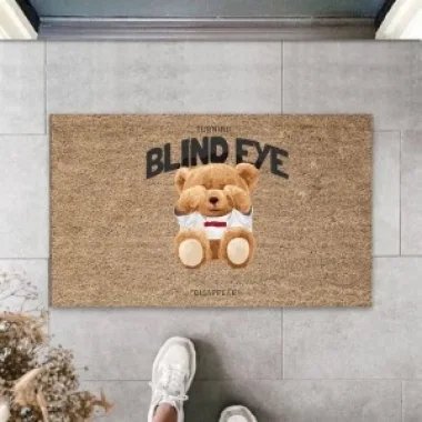 Dekoratif Dijital Blind Eye Ayıcık Bej Kapı Paspası Dış Mekan Paspas K-3189