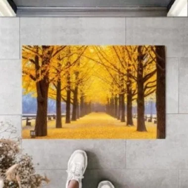 Dekoratif Dijital Dökülen Yapraklar Sarı Kapı Paspası Dış Mekan Paspas K-2118