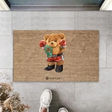 Dekoratif Dijital Fighter Ayıcık Bej Kapı Paspası Dış Mekan Paspas K-3181