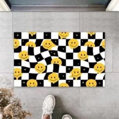 Dekoratif Dijital Gülen Emojiler Sarı-siyah Kapı Paspası Dış Mekan Paspas K-3128
