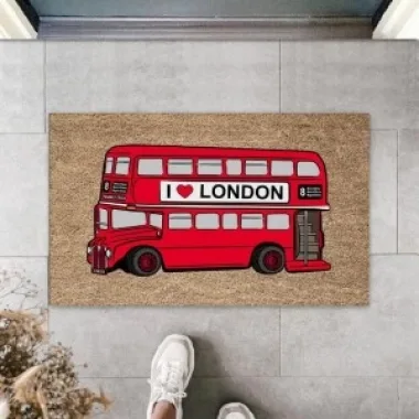 Dekoratif Dijital I Love London Otobüsü Kırmızı Kapı Paspası Dış Mekan Paspas K-3172