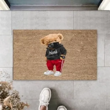 Dekoratif Dijital Maskeli Ayıcık Bej Kapı Paspası Dış Mekan Paspas K-3179