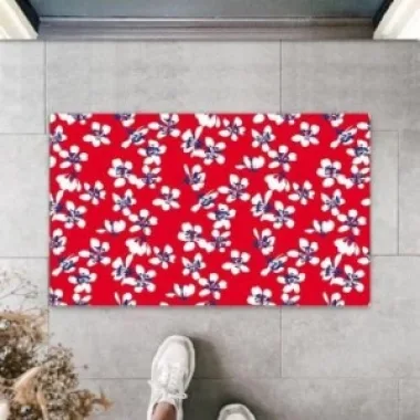 Dekoratif Dijital Minik Çiçekler Kırmızı Kapı Paspası Dış Mekan Paspas K-3123