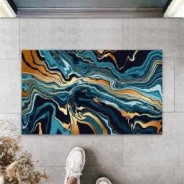 Dekoratif Dijital Modern Dalgalı Turkuaz Kapı Paspası Dış Mekan Paspas K-3106