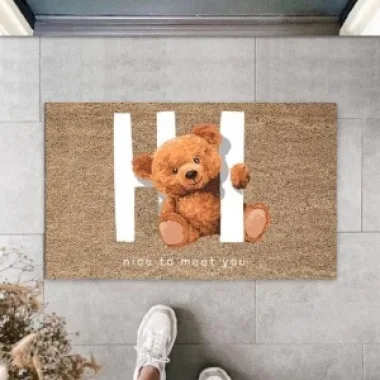 Dekoratif Dijital Nice To Meet You Ayıcık Bej Kapı Paspası Dış Mekan Paspas K-3061