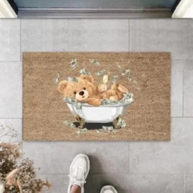 Dekoratif Dijital Para Küvetinde Ayıcık Bej Kapı Paspası Dış Mekan Paspas K-3191