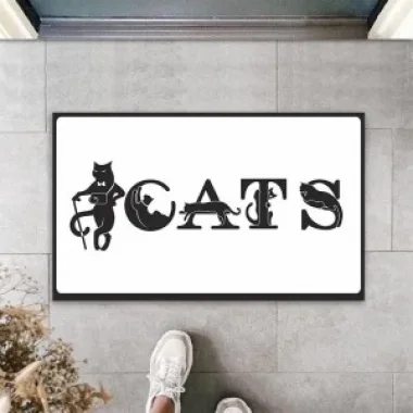 Dijital Baskı Beyaz Kedilerle Bezenmiş Cats Yazılı Dekoratif Kapı Paspası K-2028