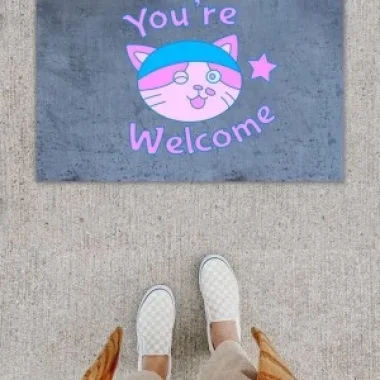 Dijital Baskı Dekoratif Welcome Kedili Antrasit Kapı Önü Paspası K-1292