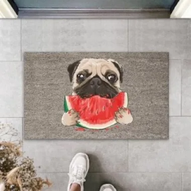 Dijital Baskı Gri Dilim Karpuz Yiyen Köpek Dekoratif Kapı Paspası K-2033