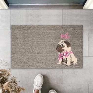 Dijital Baskı Gri Hello Yazılı Pembe Fiyonklu Köpek Dekoratif Kapı Paspası K-2070
