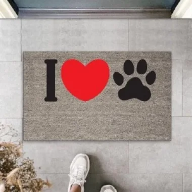 Dijital Baskı Gri I Love Pati Kırmızı Kalpli Dekoratif Kapı Paspası K-2075