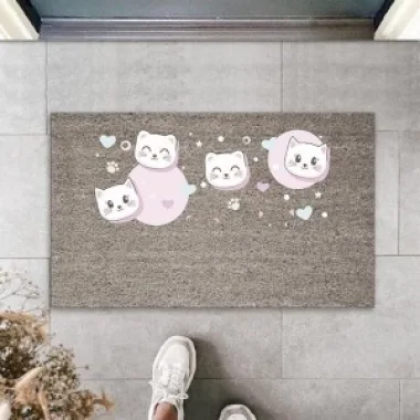 Dijital Baskı Gri Kalpli Pembeli Uykucu Kediler Dekoratif Kapı Paspası K-2068
