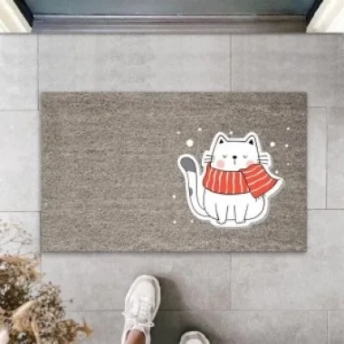 Dijital Baskı Gri Kırmızı Atkılı Beyaz Kedi Dekoratif Kapı Paspası K-2059