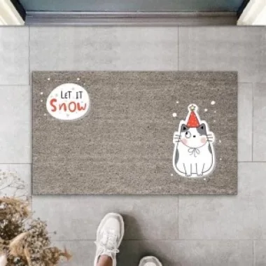 Dijital Baskı Gri Let It Snow Kukuletalı Kedi Dekoratif Kapı Paspası K-2058