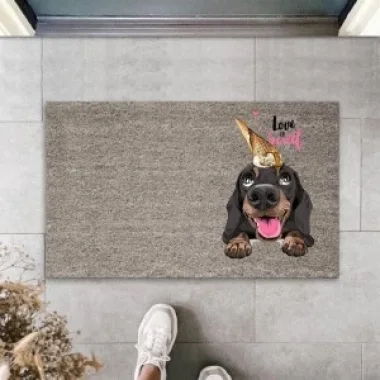 Dijital Baskı Gri Love Sweet Kafasında Külahlı Dondurmalı Köpek Dekoratif Kapı Paspası K-2055