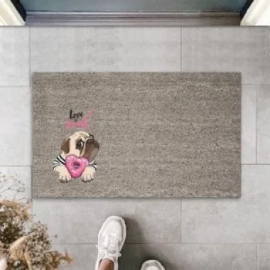 Dijital Baskı Gri Love Sweet Pembe Şekerlemeli Bulldog Köpek Dekoratif Kapı Paspası K-2077